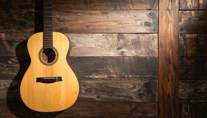 Obraz premium Acoustic guitar on rustic wood wall