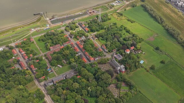 Abandoned Doel town in Belgium, aerial scene of deserted village