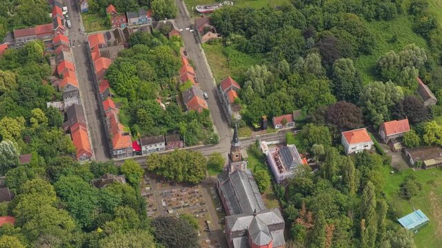 Drone view of Doel ghost town with vacant houses and streets, Belgium