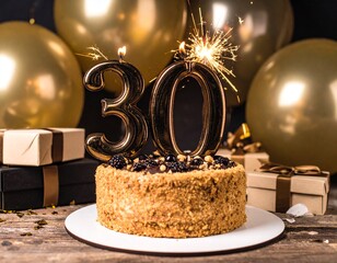 30th Birthday Cake with Metallic Number 30 Topper, elegant balloons, wrapped gifts