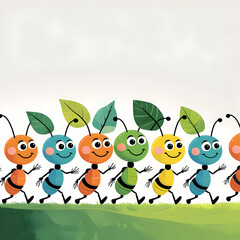 Obraz premium A line of six cartoon ants, each with a distinctively colored body and a smiling face, marching together. They are holding green leaves on their heads and the background features a soft, colorful grad