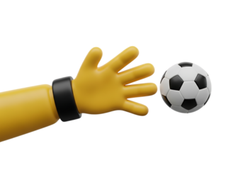 Yellow cartoon hand reaching for a soccer ball isolated on transparent background