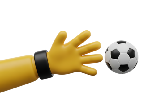 Yellow cartoon hand reaching for a soccer ball isolated on transparent background
