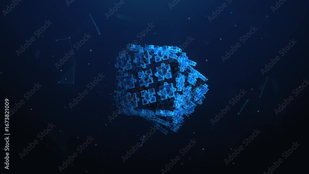 Poster lowpoly jigsaw puzzle pieces forming a cube spinning in the center. problem solving, synergy partner