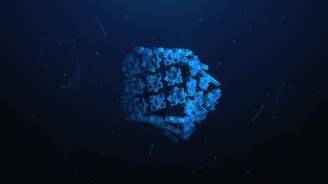Lowpoly Jigsaw Puzzle Pieces Forming a Cube Spinning in the Center. Problem solving, synergy partnership, business solution animated looped concept by wireframe mesh on blue background