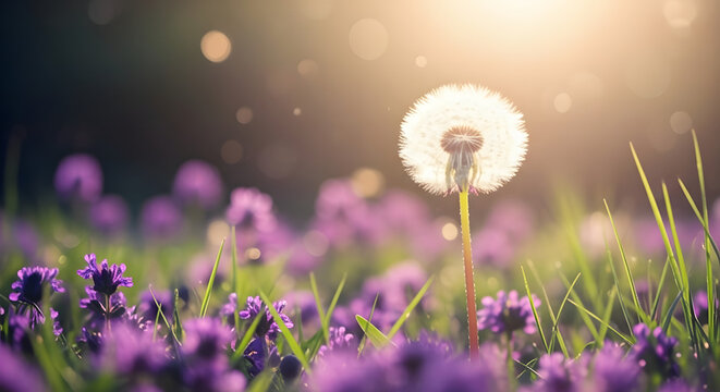 A single dandelion seed head glowing in the warm sunlight