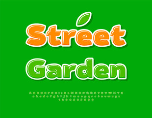 Vector Artistic banner Street Garden. Stylish Green Font. Bright Glossy Alphabet Letters and Numbers set