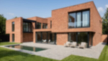 Fototapeta premium blurry image of a modern house made of red clay bricks, blurry wallpaper.