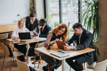 A group of people collaborating on business tasks in a stylish co working cafe setting, fostering teamwork and productivity.