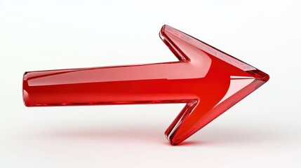 A glossy red arrow pointing to the right, symbolizing direction and movement, set against a simple white background.