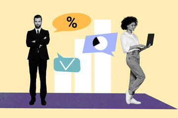 Pop poster trend collage image of two happy business partners girl guy hold laptop bubble checkmark...