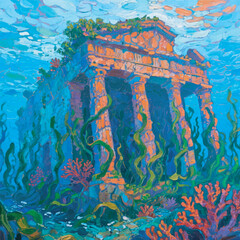 Sunken Roman Ruins with Coral Reef Background Illustration
