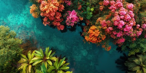 Blossom River: Captivating aerial view of a river of turquoise water surrounded by a vibrant array of blooming flowers and lush green foliage. A celebration of natural beauty and tranquility.