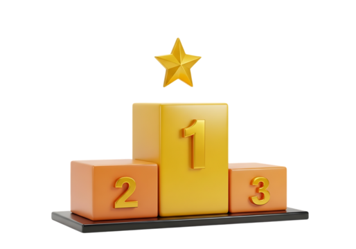 Golden podium with numbers one two and three and a star isolated on transparent background
