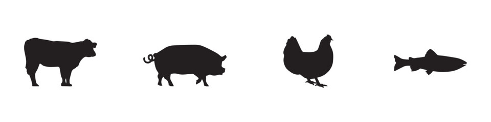 Meat icons set. Types of meat. Cow, pig, chicken, fish meat. Vector illustration.