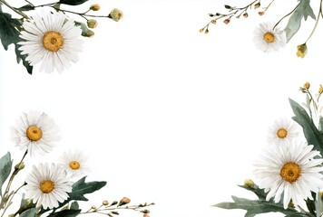 Fototapeta premium A delicate floral arrangement showcasing white daisies and green leaves, perfect for invitations.
