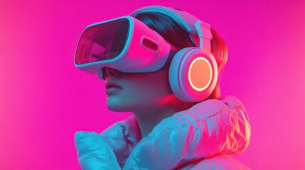 Girl in futuristic goggles and headset exploring the metaverse.