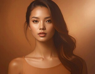 Brown Gradient Texture Background Mocha, Amber, and Warm Earthy Hues with a Beautiful Woman Portrait Blended into the Abstract Flow