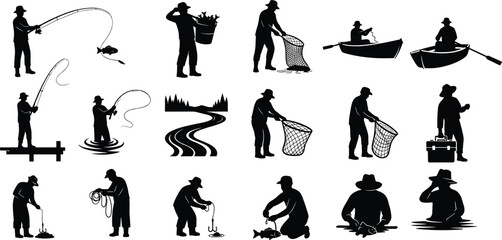 Silhouette collection of fishermen, fishing scenes, fish catching, boating, river fishing, net fishing, tackle box, outdoor fishing activity