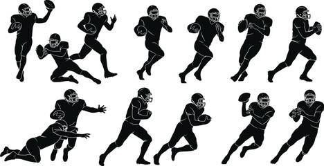 Silhouettes of American football players in action, running, passing, tackling, catching ball, football game, sports, teamwork, athletic movement.