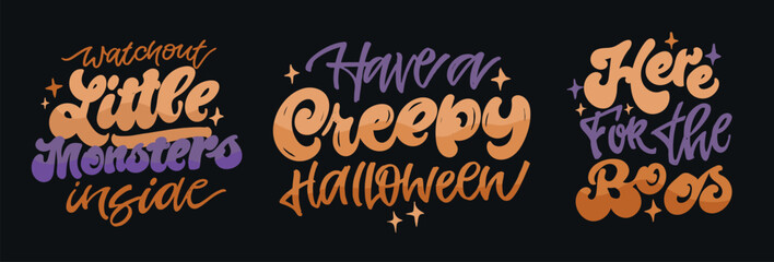 Happy Halloween set - Trick or treat – funny cute  hand drawn doodle lettering label, t-shirt design, mug print, sticker print. 100% hand drawn vector