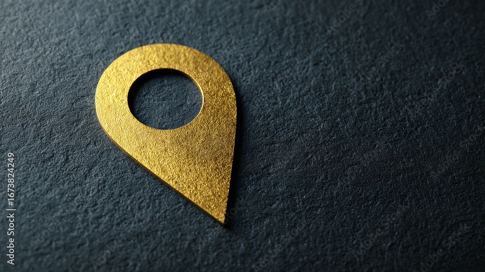 Poster elegant gold location pin on a dark textured surface, suggesting precision and importance in mapping