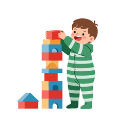 A young child is playing with a colorful toy block construction set