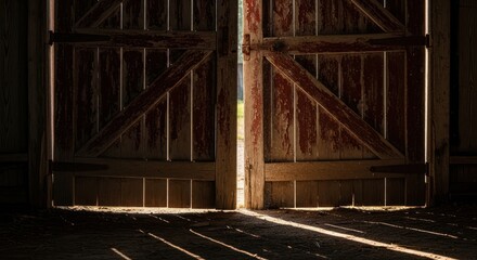 Fototapeta premium Rustic Barn Doors with Sunlight, Farm Entrance, Weathered Wood Texture