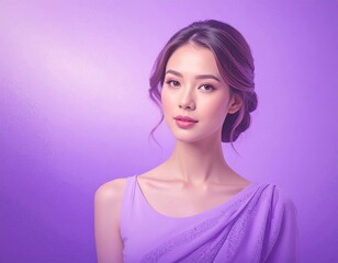 Background Lavender, Violet, and Deep Hues with a woman model, graceful silhouette, long wavy hair illuminated by soft violet glow, artistic portrait photography style
