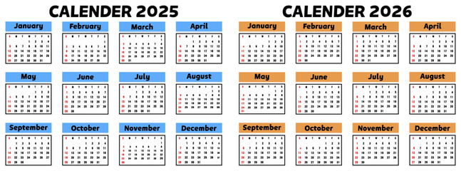 Calendar 2025, calendar 2026 week start Monday corporate design planner template. Orange, Sky Template.