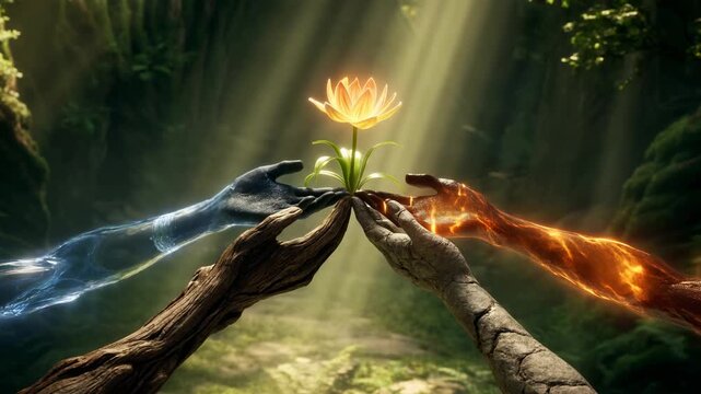Elemental hands of fire water meet in a magical forest a symbol of balance harmony this nature connection shows unity between opposing forces a sacred magic moment