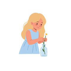 Cute girl illustration holding white daisy, summer dress, elegant cartoon icon.