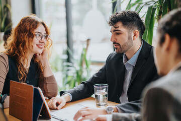 Professionals engage in a productive discussion at a rustic co working cafe setting, fostering...