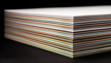 Multicolored paper stack edge, gradient, on black background, for design or creativity