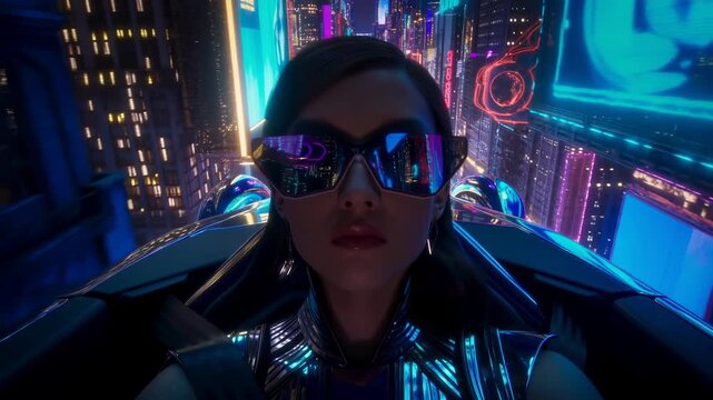 Woman cool glasses drives fast car night city cyberpunk future neon lights vr glasses reflect urban scape this cyberpunk future feels like virtual reality metaverse driving