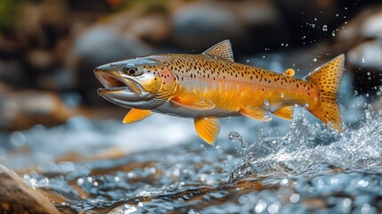 Obraz premium River Trout Leaping, Rocky Stream, Nature