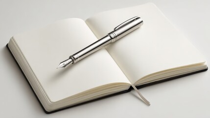 An open notebook with blank pages and a pen on a white background