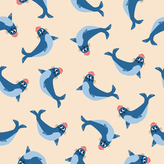 Adorable seals in sailor hat hand drawn vector illustration. Cute marine animal in flat style seamless pattern for kids fabric or wallpaper