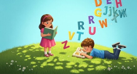 A delightful illustration of a boy and girl reading in a sunny field as colorful alphabet letters float in the air. A whimsical concept for children's literacy and learning.