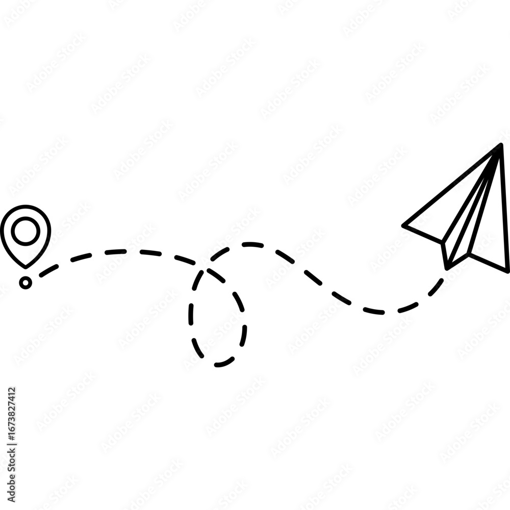 Poster Paper plane with dotted route and location pin. Sending message fold plane concept. Vector isolated.