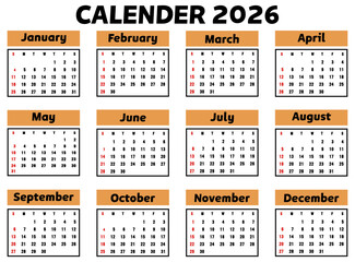 Calendar 2026, Week Starts Sunday, two Page A4. Design Planner Template. Print. Business minimal modern 2026 calendar.