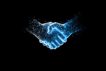 Fototapeta premium Digital handshake glowing blue particles on black background partnership success
