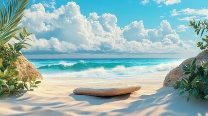 Naklejka premium A serene beach scene featuring gentle waves, fluffy clouds, and lush greenery, inviting relaxation and tranquility.