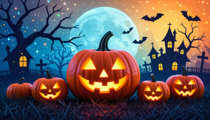 Festive Halloween pumpkins illuminated against a spooky backdrop at night