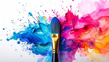 Obraz premium A paint brush surrounded by vibrant splatters of colorful watercolor, featuring a mix of blues, pinks, and yellows, representing creativity, art, and the process of artistic expression