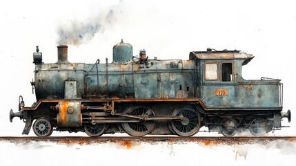 Fototapeta premium Rusty steam locomotive, trackside, smoke, travel, art