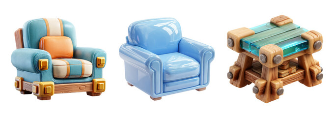 Colorful Cartoon Furniture Set with Armchair and Table on Transparent Background