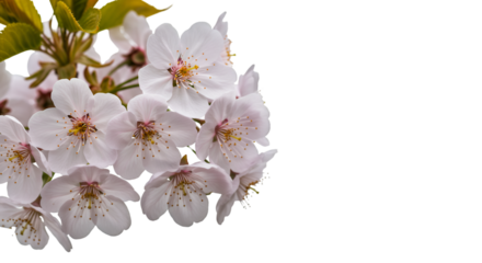 Delicate pale pink cherry blossoms unfurl their petals in a gentle spring breeze, evoking feelings of renewal and natural beauty. isolated on white background