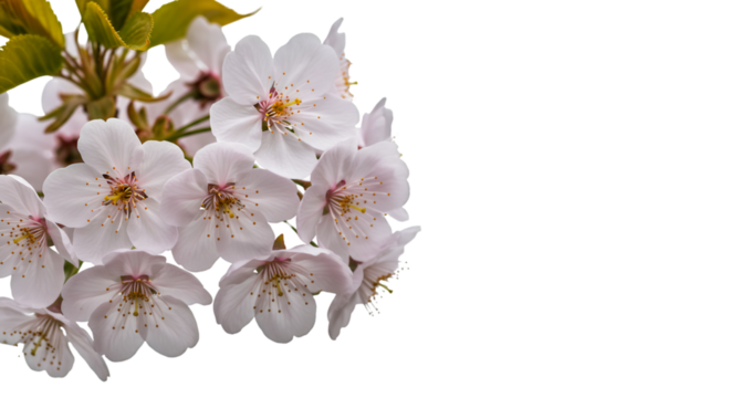 Delicate pale pink cherry blossoms unfurl their petals in a gentle spring breeze, evoking feelings of renewal and natural beauty. isolated on white background