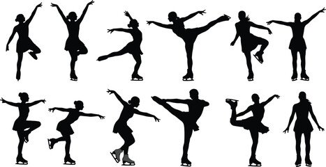 Silhouettes of figure skaters performing elegant poses, jumps, spins on ice, ice skating, winter sports, graceful skating moves.